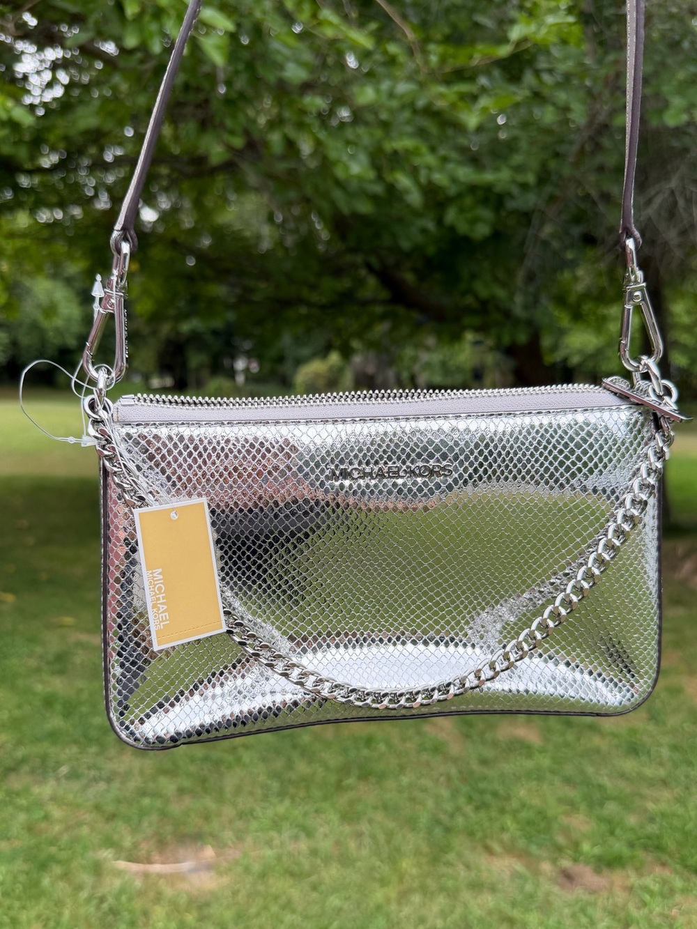 Michael Kors Jet Set Medium Pouchette Silver Metallic Snake Embossed NWT
